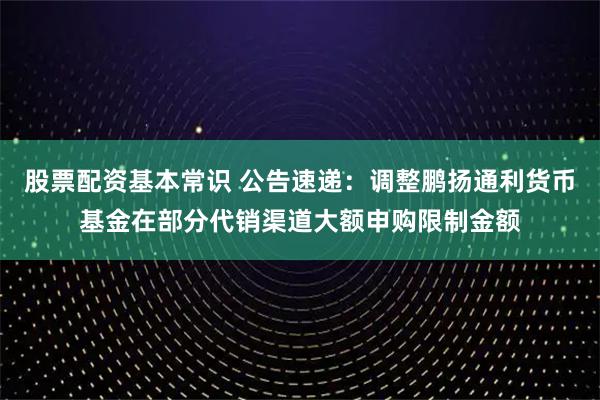 股票配资基本常识 公告速递:调整鹏扬通利货币基金在部分代销渠道大额申购限制金额